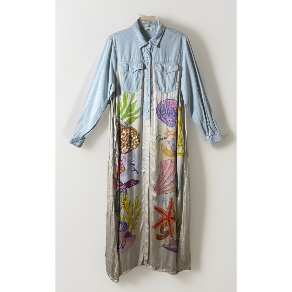 Me369 Elena Denim Mix Ocean Themed Maxi Shirt Dress Women's Size Large